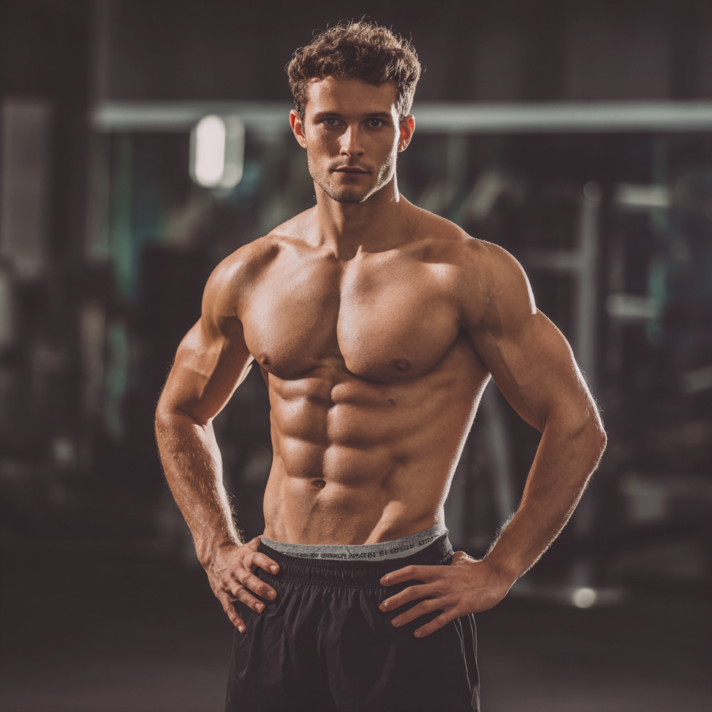 Впевнений чоловік у спортивному залі демонструє результати тренувань, м'язисте тіло