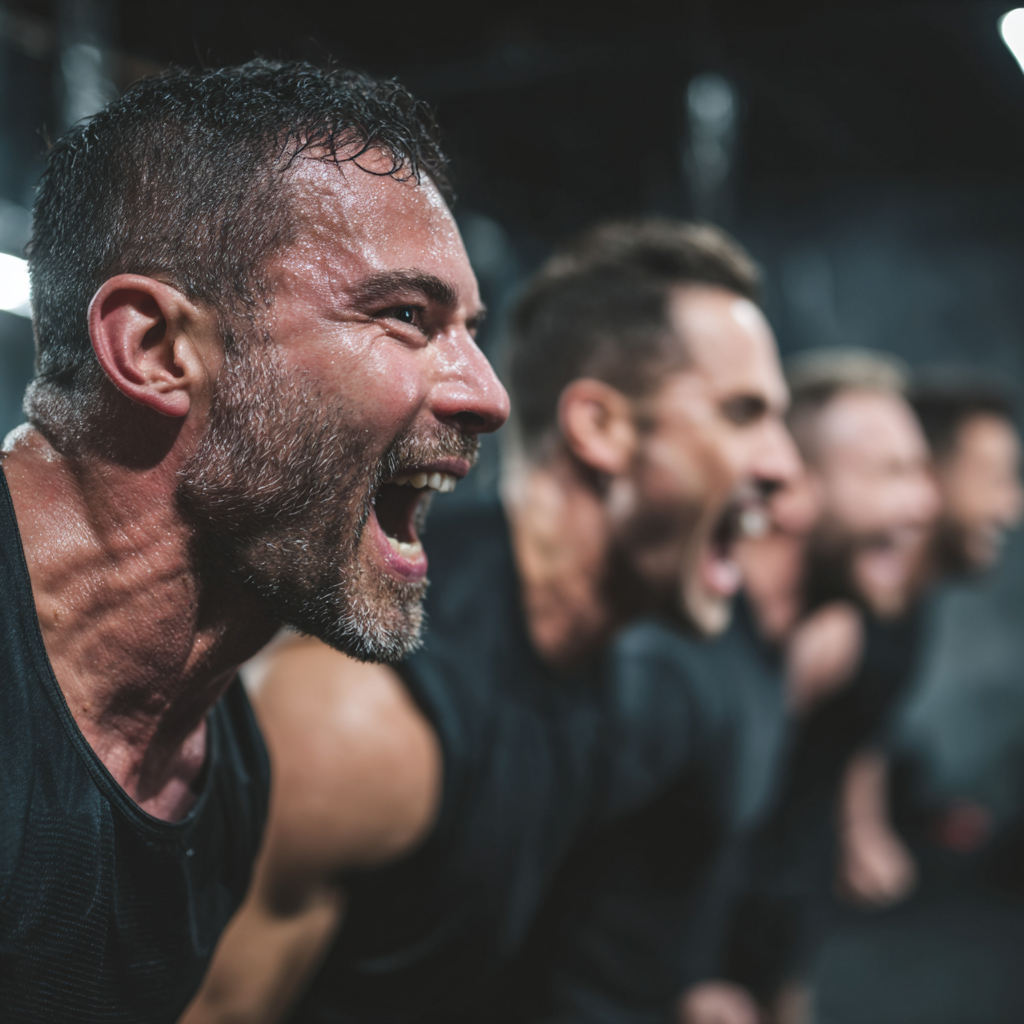 Група мотивованих чоловіків під час інтенсивного тренування, демонстрація командного духу та взаємопідтримки