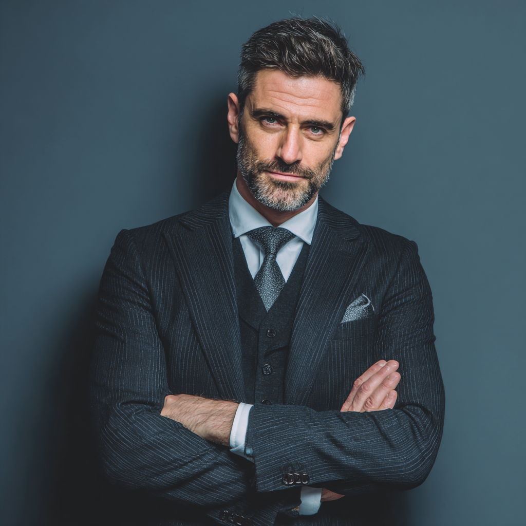 Успішний чоловік у діловому костюмі демонструє впевненість та лідерські якості